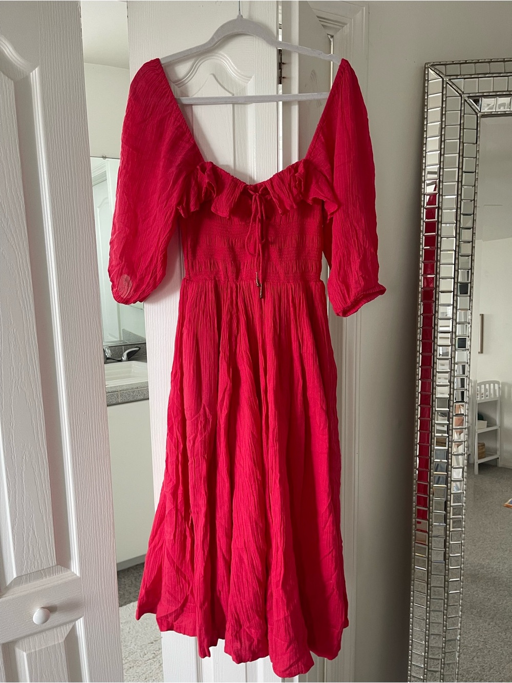 Free People Red Puff-Sleeve Midi Dress